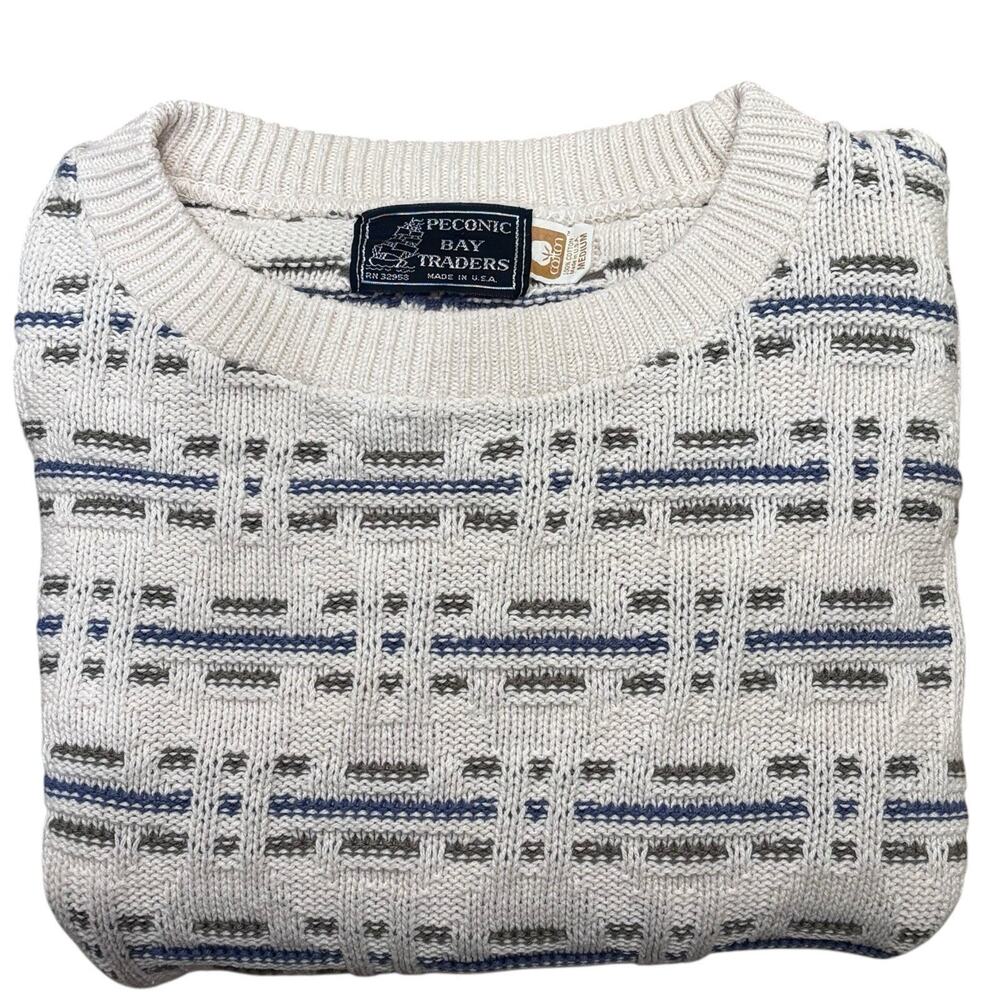 Vintage Textured Dashes Cotton Crew Neck Sweater Medium Cream Green Blue USA